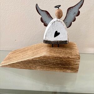 Rustic Wooden Angel Figurine with Heart Accent